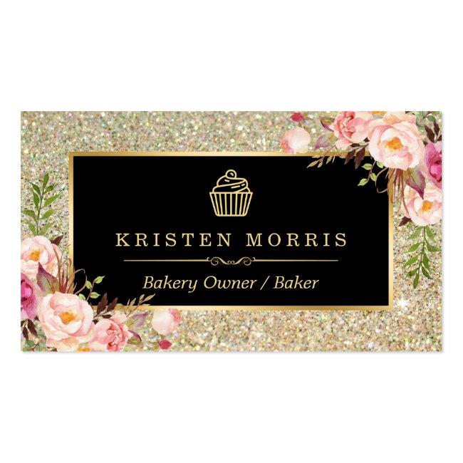 Bakery Cupcake Logo | Floral Gold Glitter Sparkles Business Card