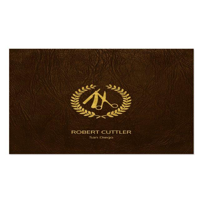 Barber Stylist Luxury Gold Dark Brown Leather Look Square Business Card