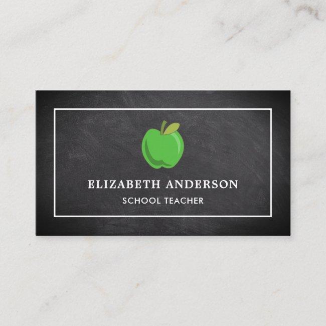 Black Chalkboard Green Apple School Teacher Business Card