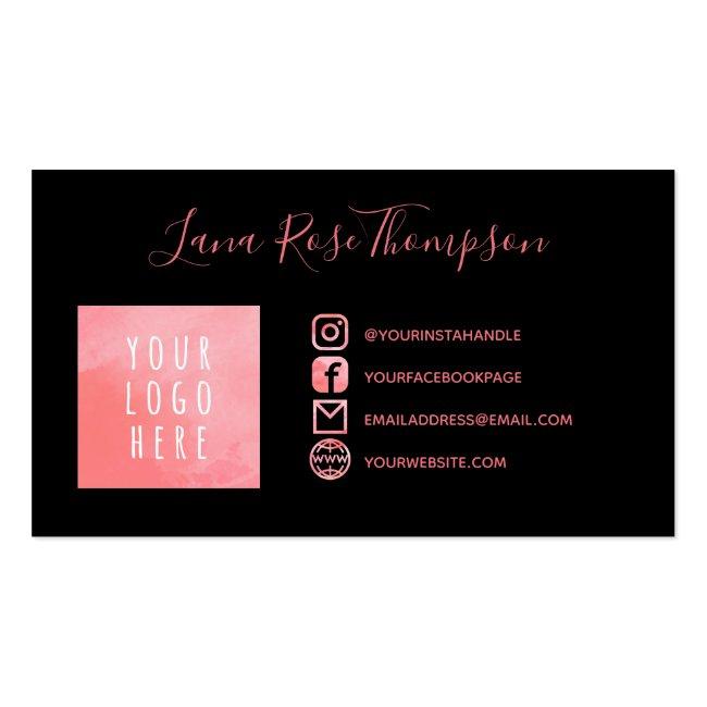 Black Pink Watercolor Social Media Photo & Logo Business Card