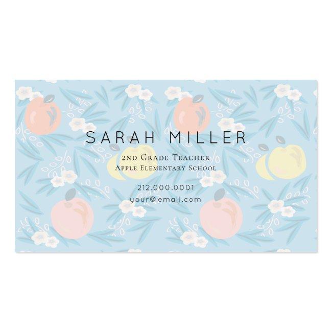 Blue Apple Floral Pattern Teacher Business Card