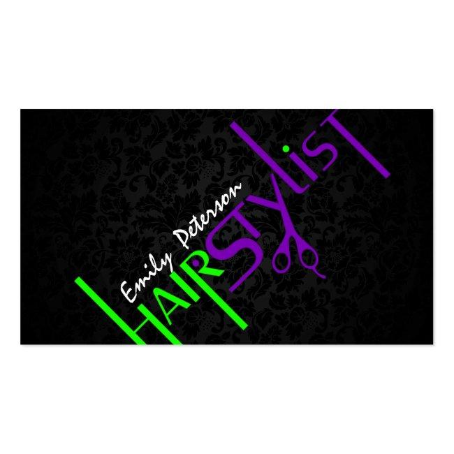 Bold Black Green And Purple Hair Stylist Text 2 Business Card