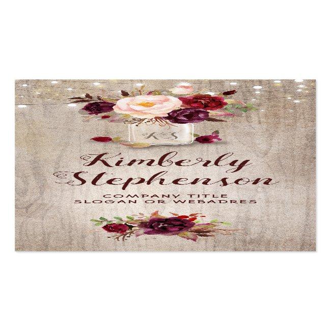 Burgundy Floral Mason Jar Rustic Country Business Card