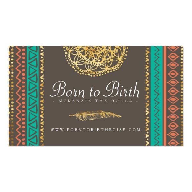 Business Card | Boho Gold Feather Tribal Doula