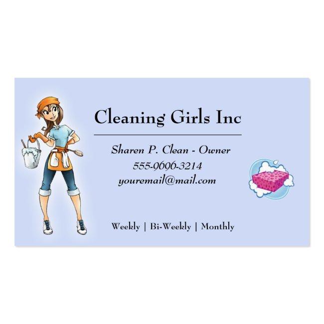 Cartoon Girl House Cleaning Service Business Card