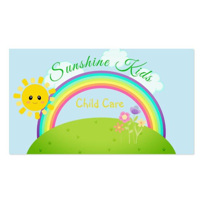 Cartoon Rainbow And Sunshine Child Daycare Business Card