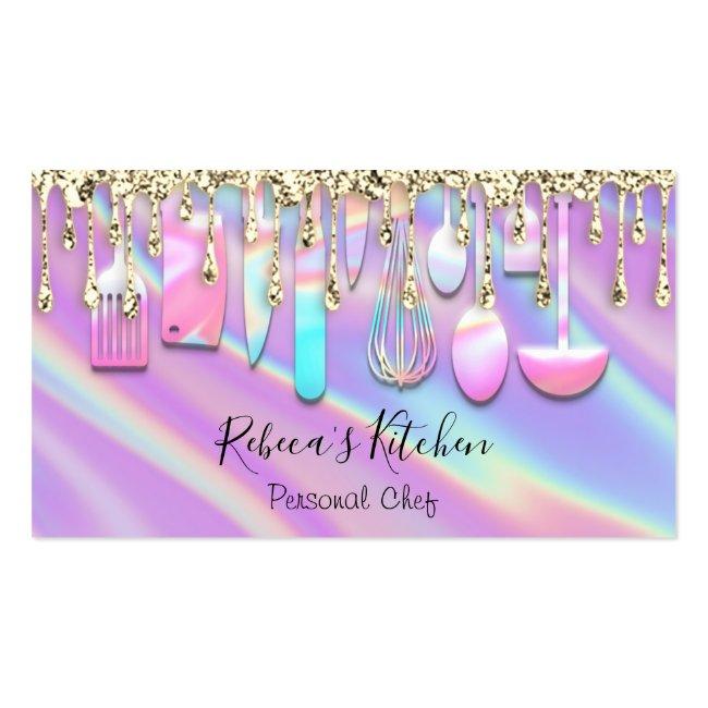 Catering Personal Chef Kitchen Holograph Pink Business Card