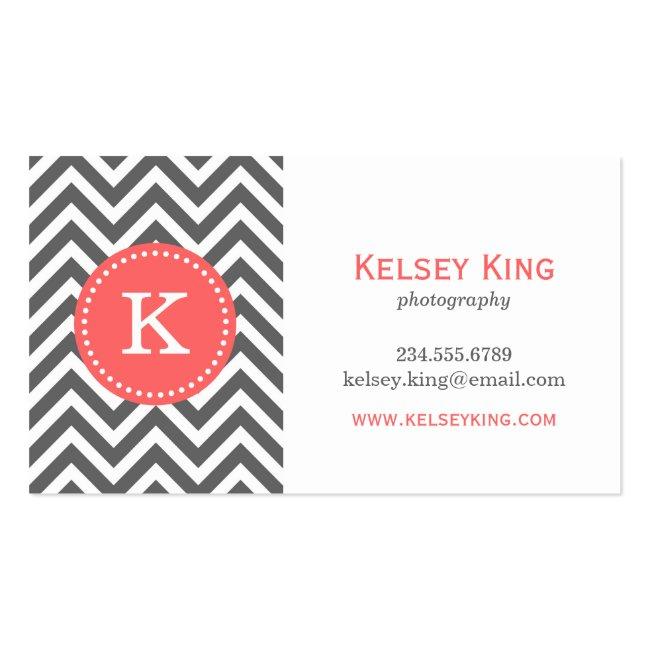 Charcoal Gray And Coral Chevron Custom Monogram Business Card