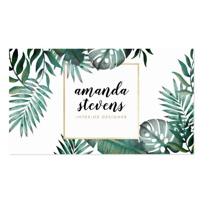 Chic Gold Foil White Tropical Green Watercolor Business Card