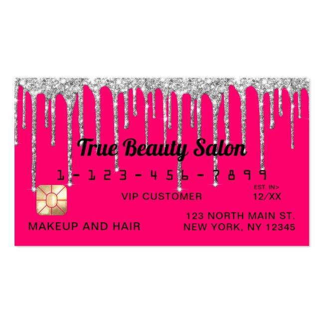 Chic Neon Pink Silver Glitter Drips Credit Business Card