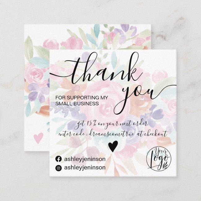 Chic Pink Floral Watercolor Girly Order Thank You Square Business Card