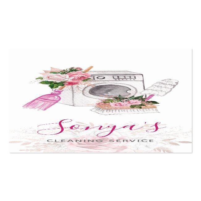 Cleaning Service Floral Watercolor Washer Business Card