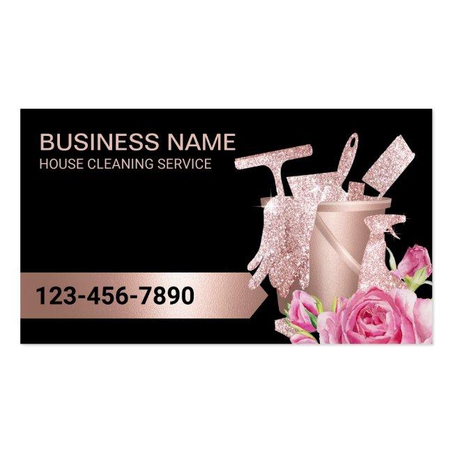 Cleaning Service Rose Gold Modern Floral Business Card