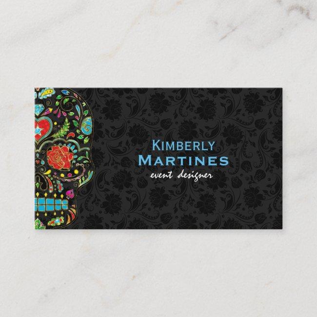 Colorful Floral Sugar Skull & Black Damasks Business Card