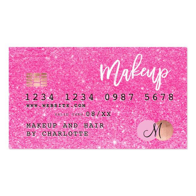 Credit Card Neon Pink Glitter Makeup Hair Monogram