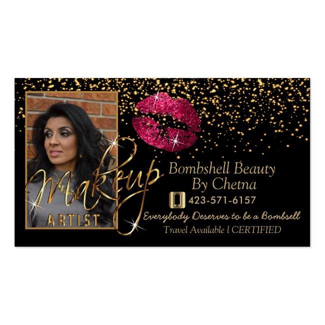 Custom Order - Gold Confetti & Hot Pink Lips Business Card