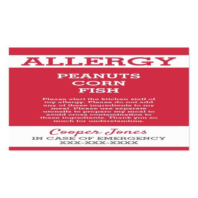 Custom Red Allergy Alert Restaurant Emergency Calling Card