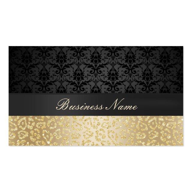 Elegant Black & Gold Leopard Print Damask Business Card
