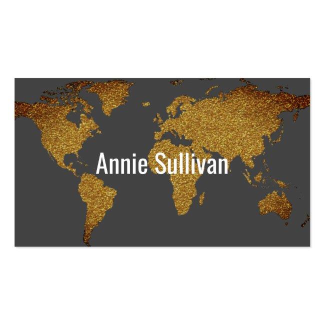 Elegant Faux Gold World Map On Gray Travel Agent Business Card