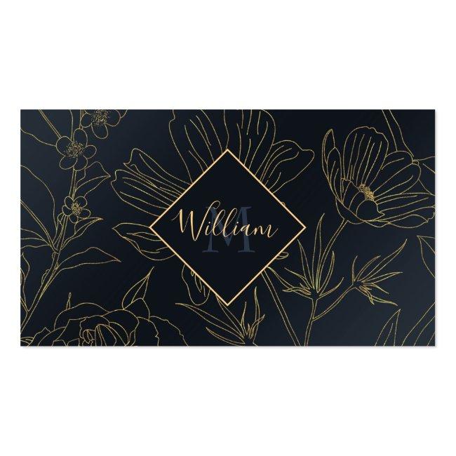 Elegant Gold Flowers Outlines Blue Gradient Design Business Card