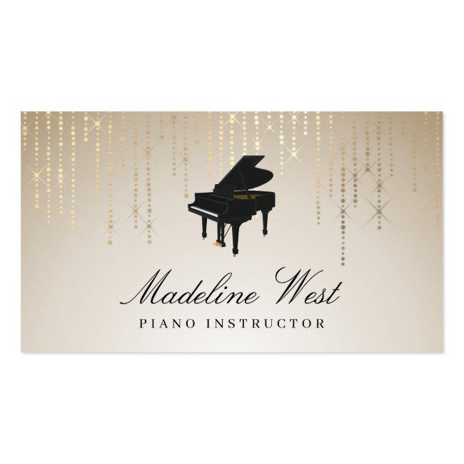Elegant Golden Rain Piano Instructor Music Teacher Business Card