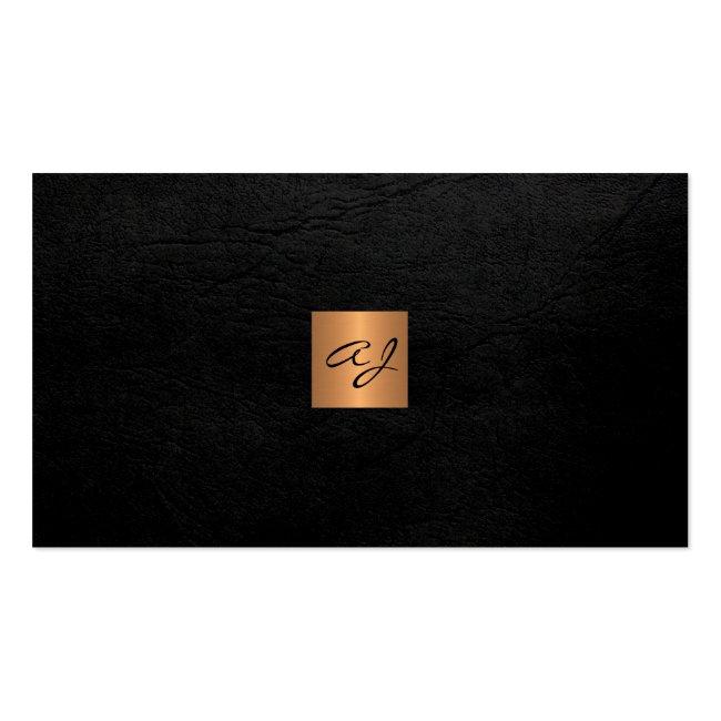 Elegant Luxury Black Leather Copper Gold Monogram Business Card