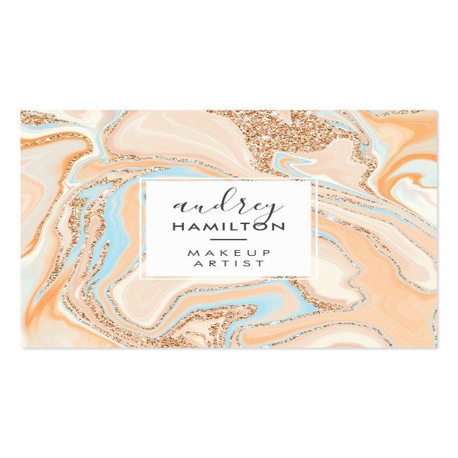 Elegant Peach Blue Marble Rose Gold Glitter Makeup Square Business Card