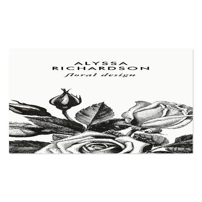 Elegant Vintage Tea Roses | Black And White Business Card