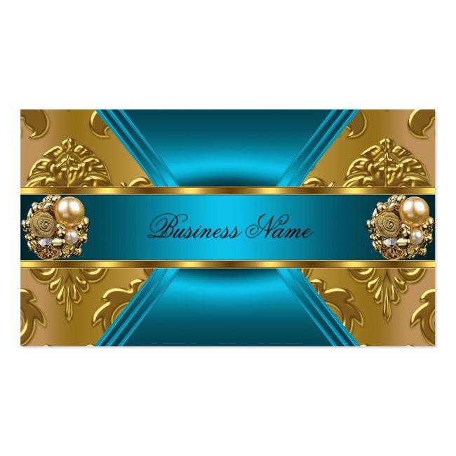 Elite Business Teal Blue Gold Damask Jewel Business Card