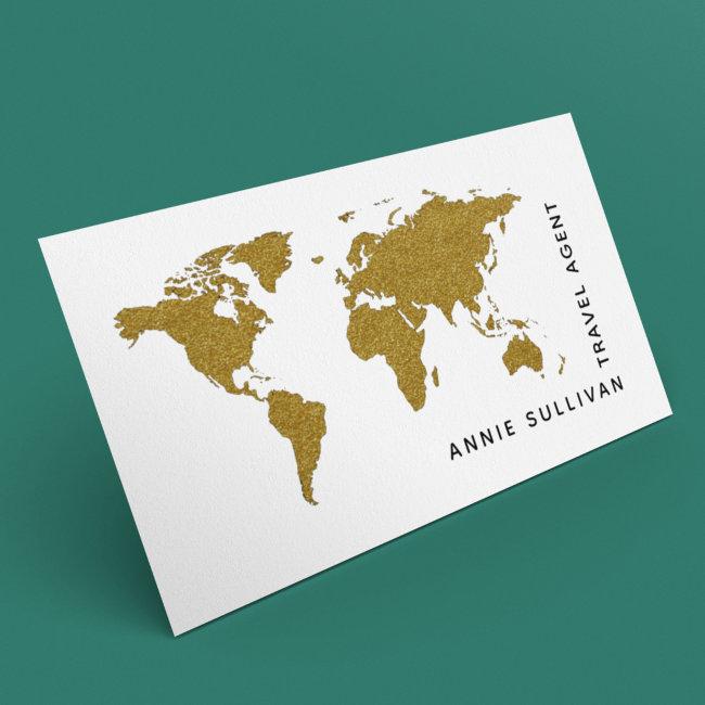 Faux Gold World Map Travel Agent (on White Option) Business Card