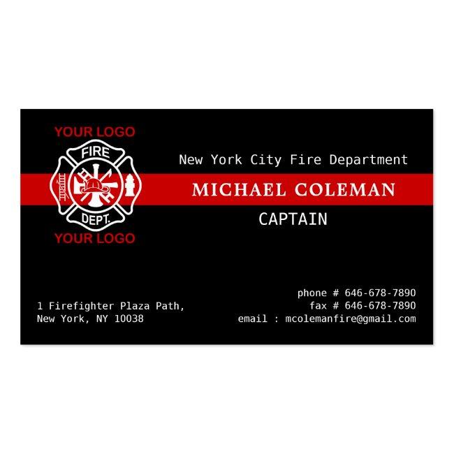 Fire Department Custom Logo Red Line Firefighter Business Card