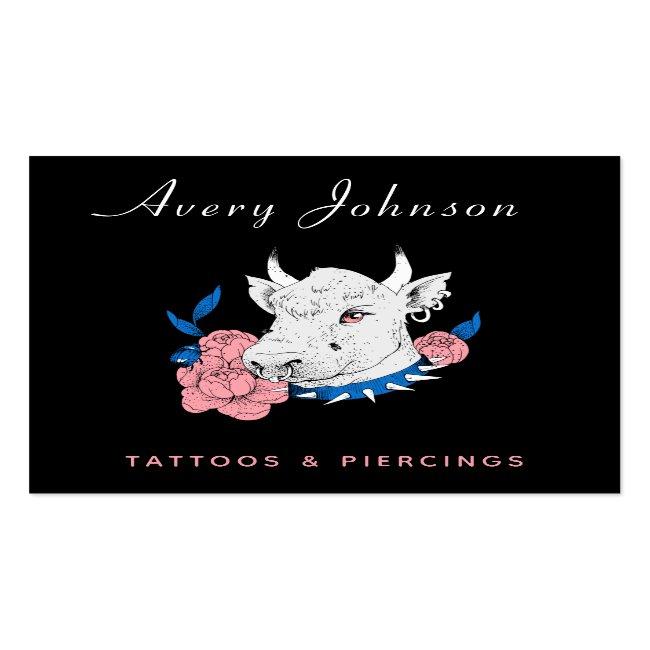Floral Punk Rock Cow Tattoo Artist Social Media Square Business Card
