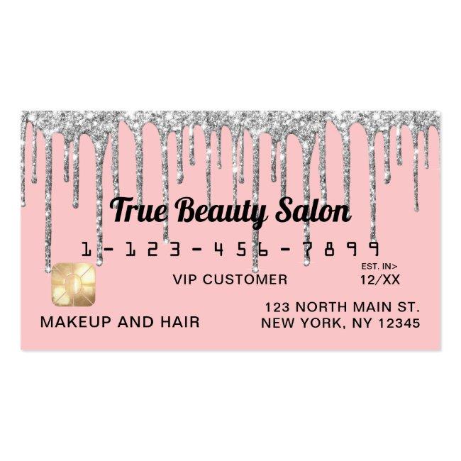 Girly Blush Pink Silver Glitter Drips Credit Business Card
