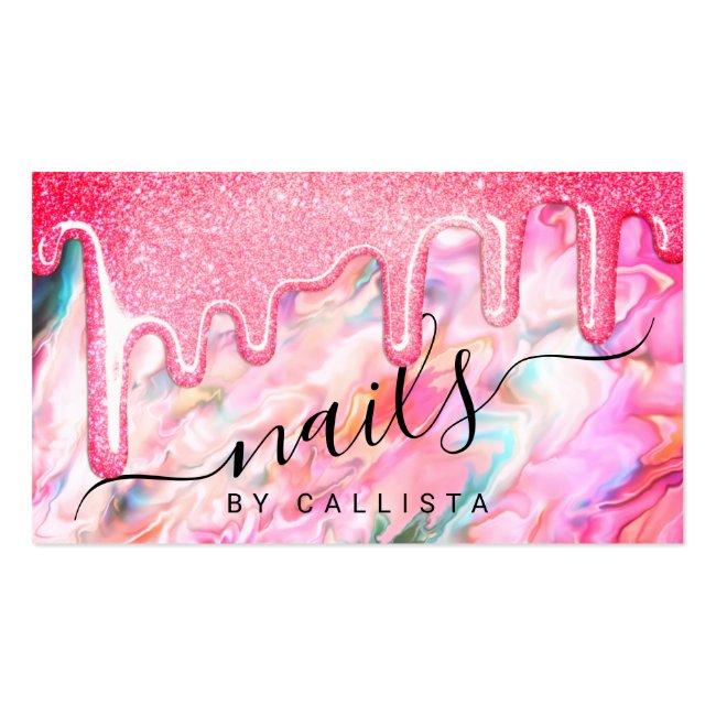 Girly Neon Coral Pearl Opal Glitter Drips Nails Business Card
