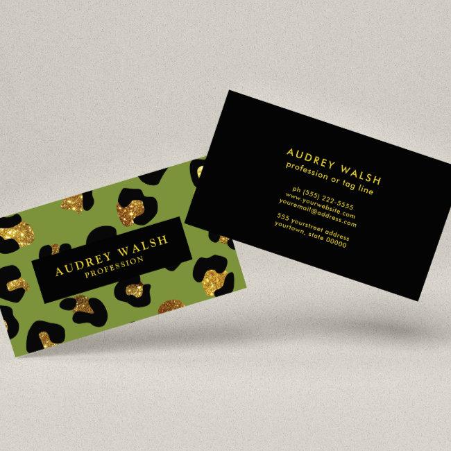 Glam Glitter Gold Green Leopard Print  Luxury Business Card