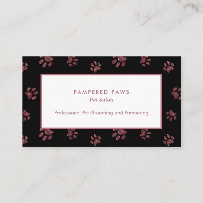 Glitter Paw Prints Rose Gold Pink Black Pet Salon Business Card