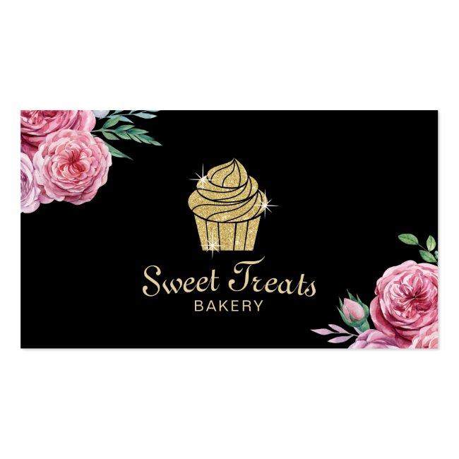 Gold Cupcake Bakery Sweet Treats Modern Floral Business Card