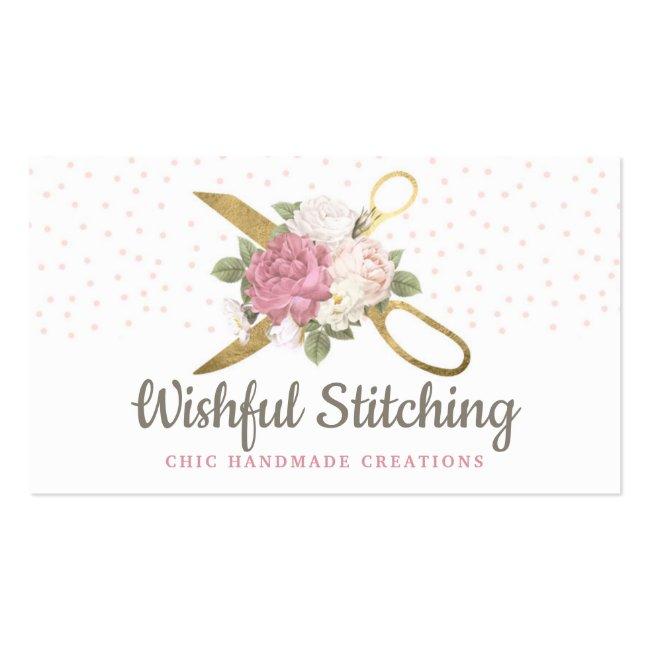 Gold Sewing Scissors Shabby Floral Social Media Business Card