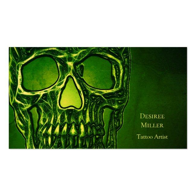 Gothic Skull Head Green Neon Metallic Tattoo Shop Business Card