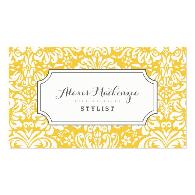 Gray And Yellow Floral Damask Business Card