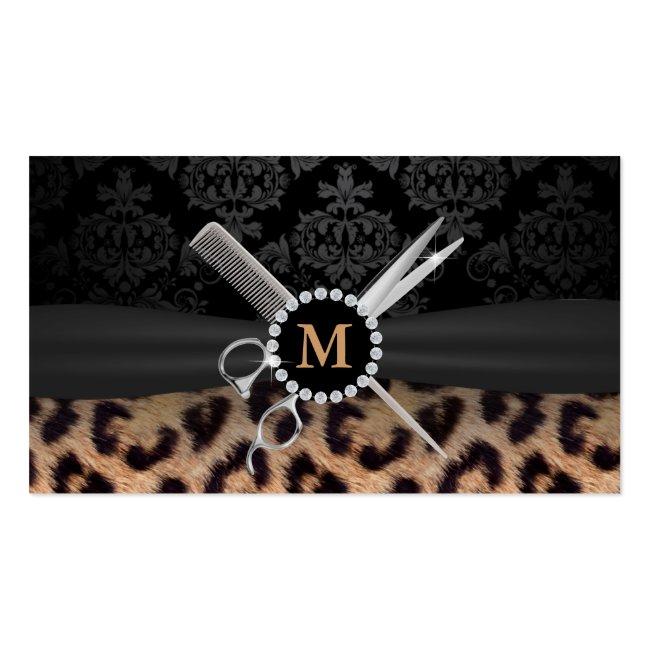 Hair Stylist Monogram Modern Leopard Print Business Card