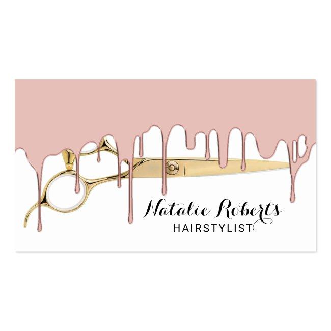 Hair Stylist Rose Gold Dripping Gold Scissor Salon Business Card