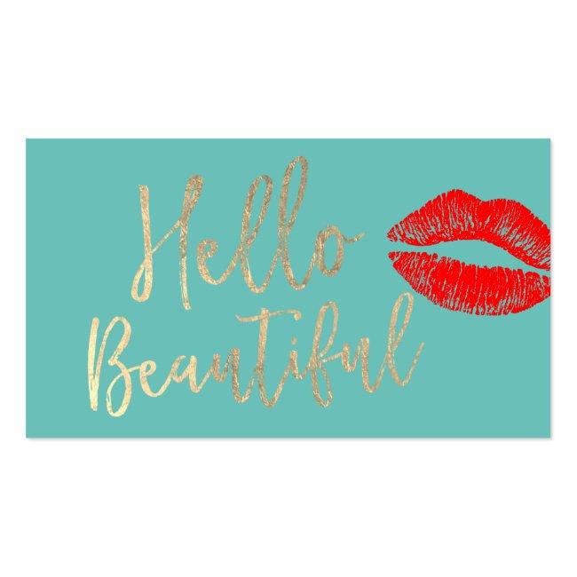 Hello Beautiful Makeup Artist Gold Typography Teal Business Card