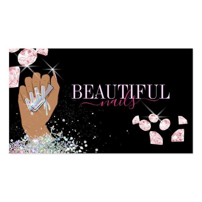 Holographic Nail Salon Woman Hand Nails Technician Business Card