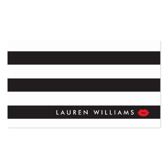 Luxe Black/white Stripes Red Lips Makeup Artist Business Card