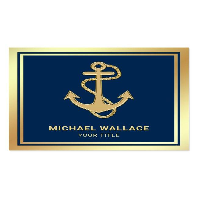 Luxurious Navy Blue Gold Foil Nautical Rope Anchor Square Business Card