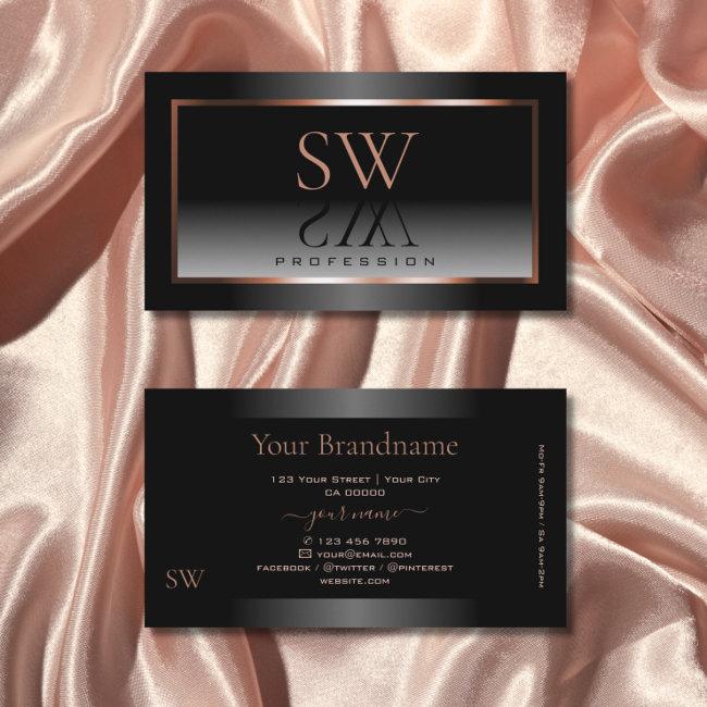 Luxury Black White Ombre Rose Gold Frame Monogram Business Card