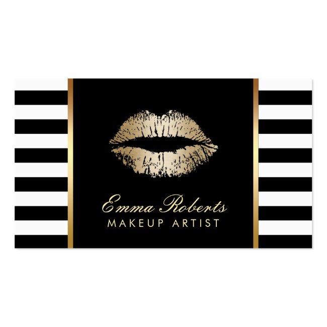 Makeup Artist Classy Black White Stripes Gold Lips Business Card