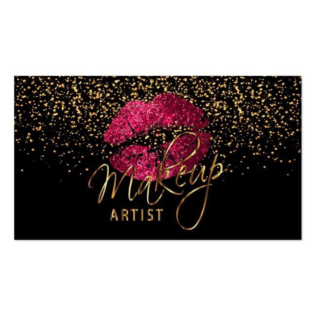 Makeup Artist - Gold Confetti & Hot Pink 💋 Lips Business Card