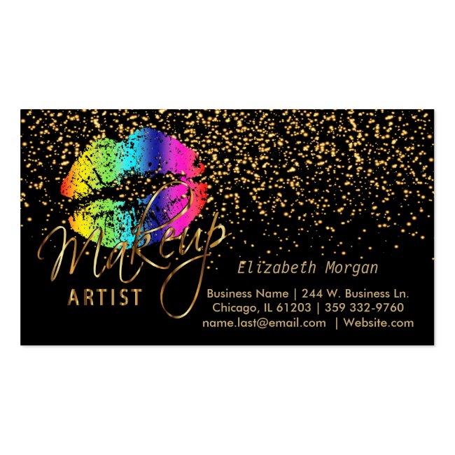 Makeup Artist - Gold Confetti & Rainbow Lips Magnetic Business Card
